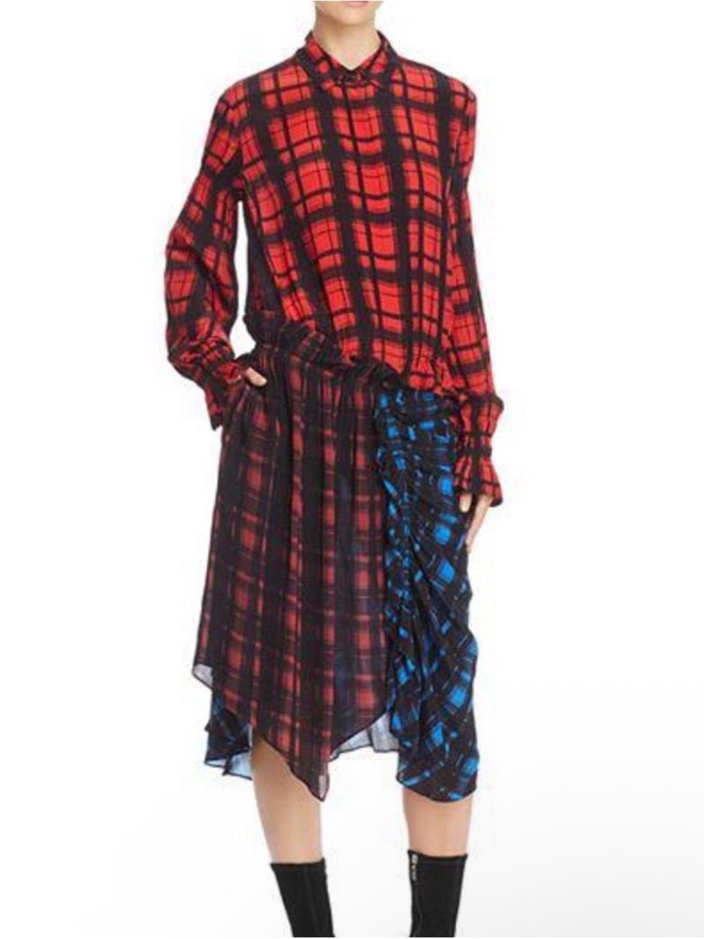 Preen by Thornton Bregazzi Red and Blue Plaid Mixed-Media Dress